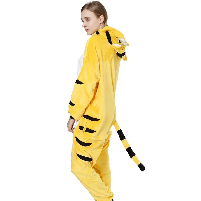 Winter Flannel Anime Cartoon Kigurumi Yellow Tiger Onesies Homewear For Adults Kids Halloween CosplayUnisex Pajamas Jumpsuit