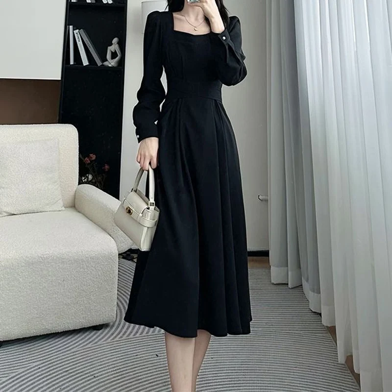 Spring Autumn Solid Color Square Collar Long Sleeve Midi Dress Women High Street Button Patchwork Dresses Elegant Vintage Robe