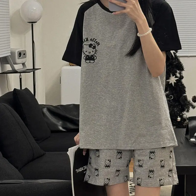 Camiseta de dibujos animados de Hello Kitty para mujer, pantalones de manga larga para chica encantadora, ropa cómoda Kawaii para el hogar, pijamas informales para adolescentes