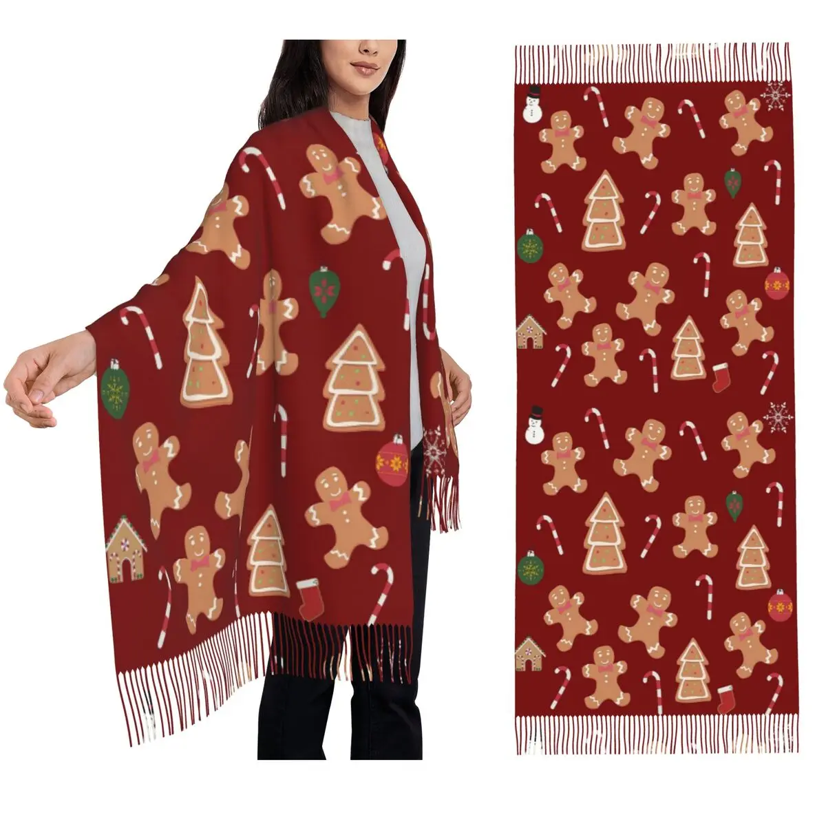 

Christmas Gingerbread Cookies Scarf Tassel Scarves Women Soft Warm Shawls and Wraps Long Fall Winter Shawl Wrap