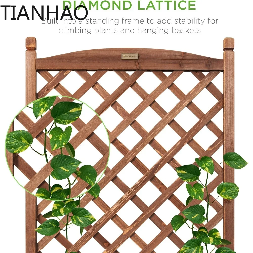 Set of 2 48in Wood Planter Box & Diamond Lattice Trellis, Mobile Outdoor Raised Garden Bed for Climbing Plants