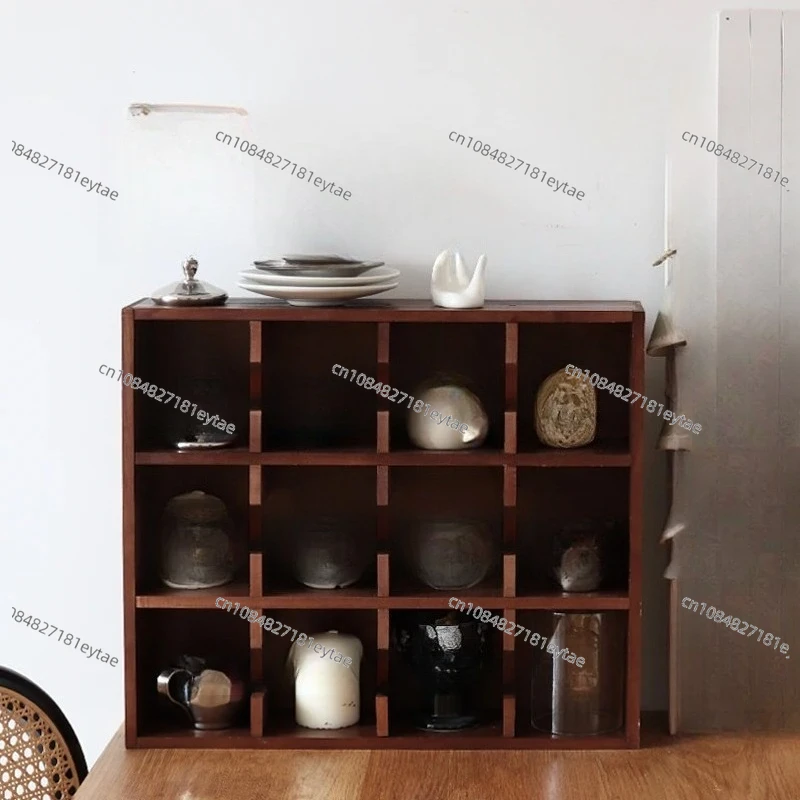 Solid Wood Wall Mounted Cup Holder Multi-Cubby Mug Storage Shelf Rustic Living Room Decorative Kitchen Grid Pattern Display Rack