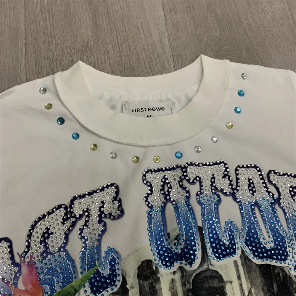 White FIRST ROW Diamond T-Shirt Men Women High-Quality Laser-Engraved Rhinestone Loose Top T Shirt Tee