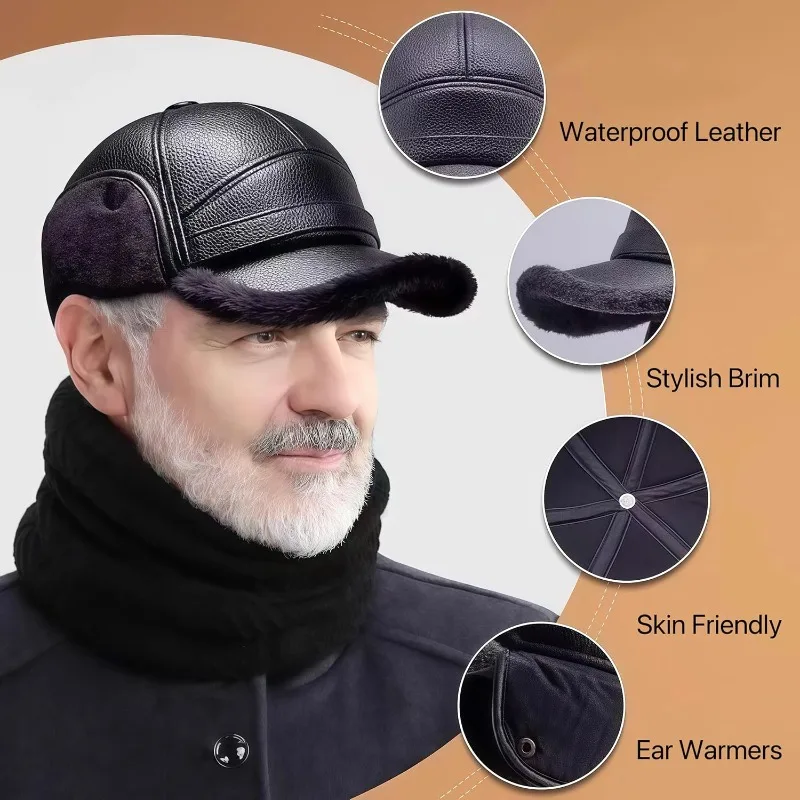 

Windproof Winter Hat for Men Leather Baseball Cap Soft Plush Warm Visor Ear Protection Skiing Outdoor Cold Weather Gear