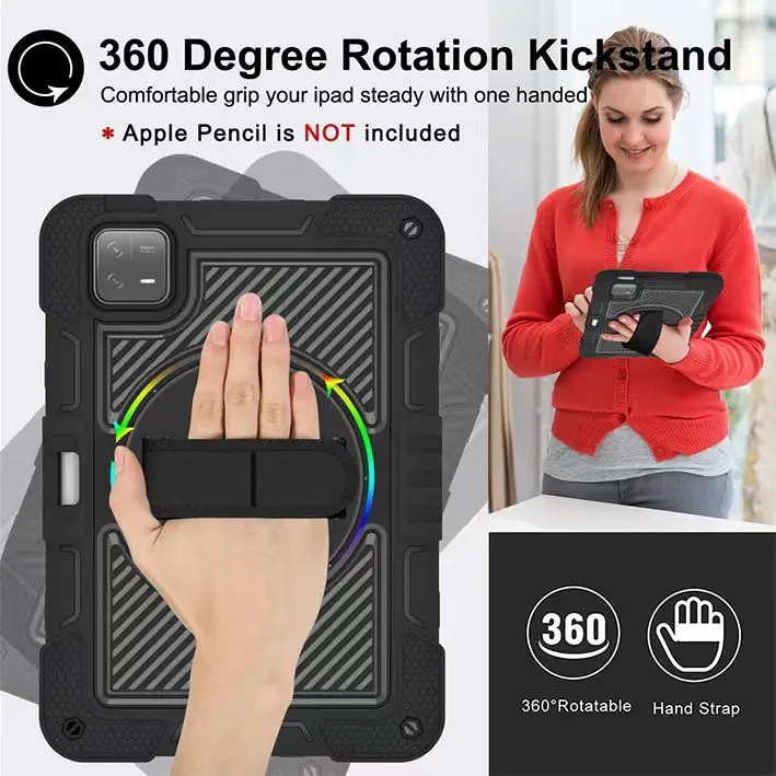 Capa resistente para xiaomi pad 6 pro, capa à prova de choque com suporte giratório e alça de ombro
