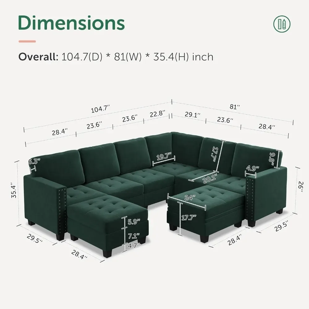 Velvet Modular Sectional Sofa, Convertible L Shaped Sofa Couch with Storage Top Tray Ottoman Corner Sectional Couch, Green