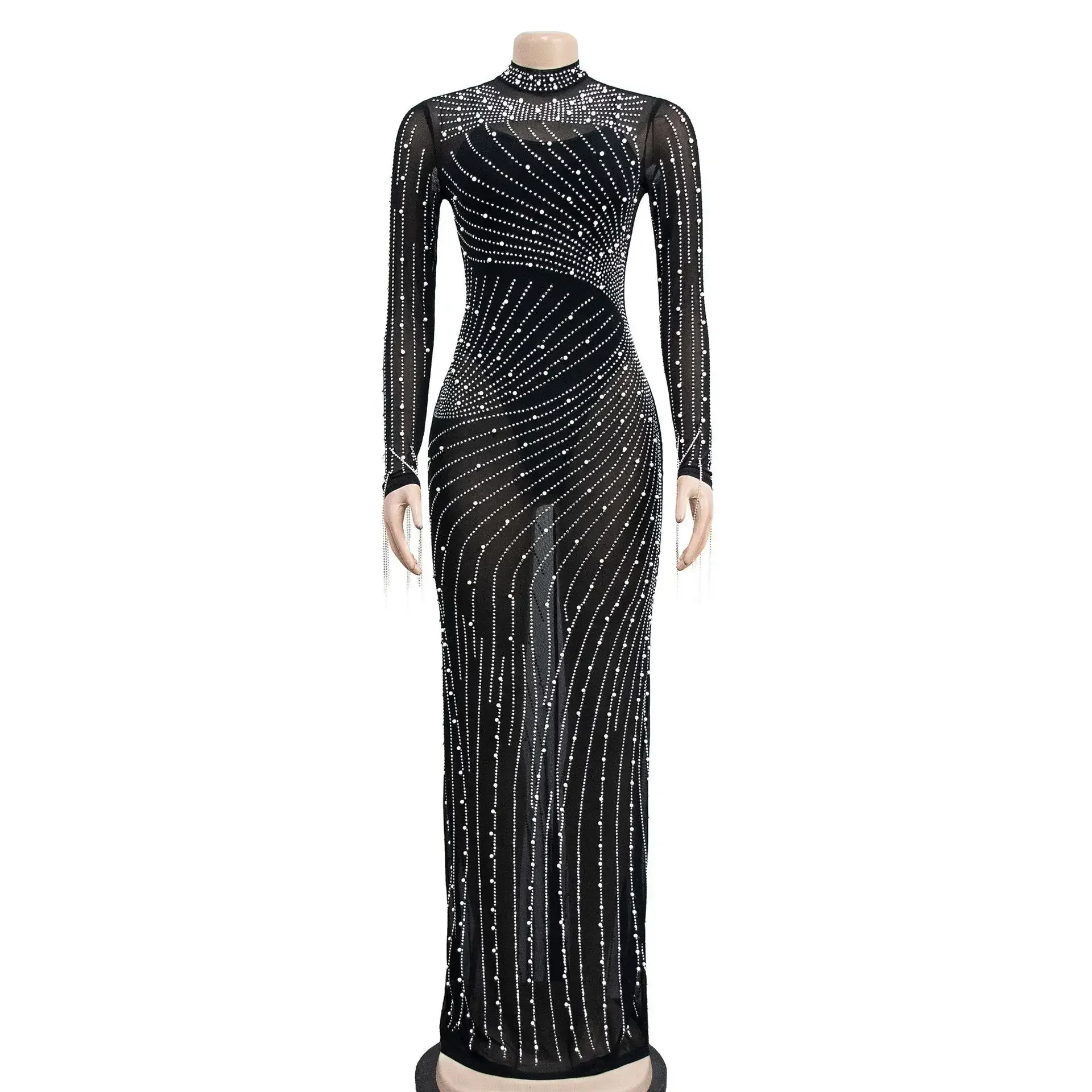 Birthday Ins Internet Celebrity Famous Dress Solid Diamond Beading Tassel O-neck Sexy Celebrity Party Maxi Dress Vestidos