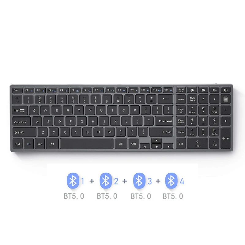 4-Device Bluetooth Keyboard Aluminum, Slim Keyboard Rechargeable Design and Quiet Typing for PC, Tablet, Laptop