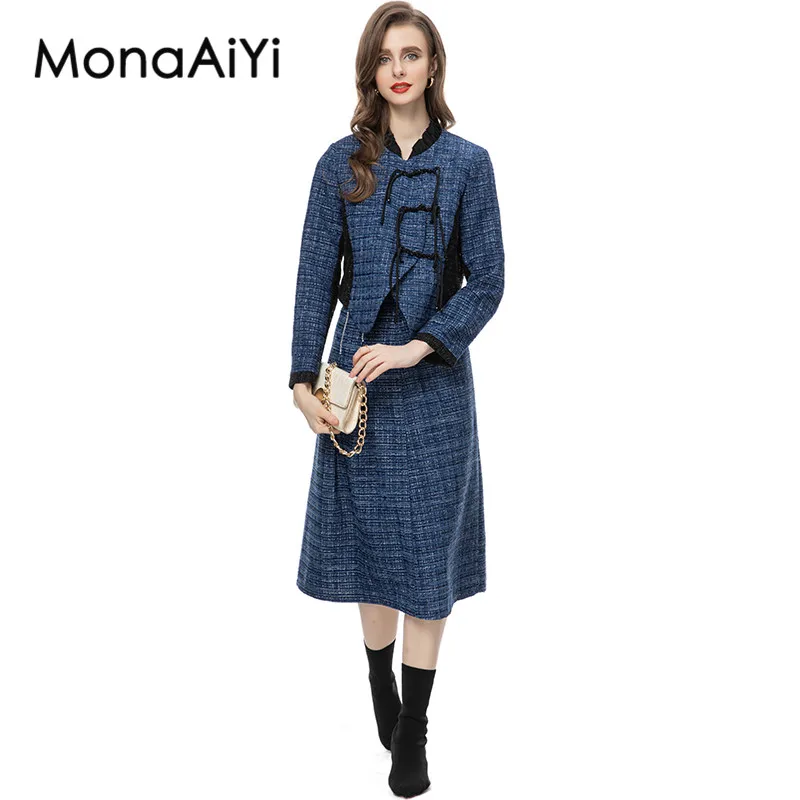 MonaAiYi High Street Fashion Designer Women's Ruffle Collar Deep Blue Tweed Tops Jacket+Fishtail Midi Skirt 2pcs Set 2023 Newest