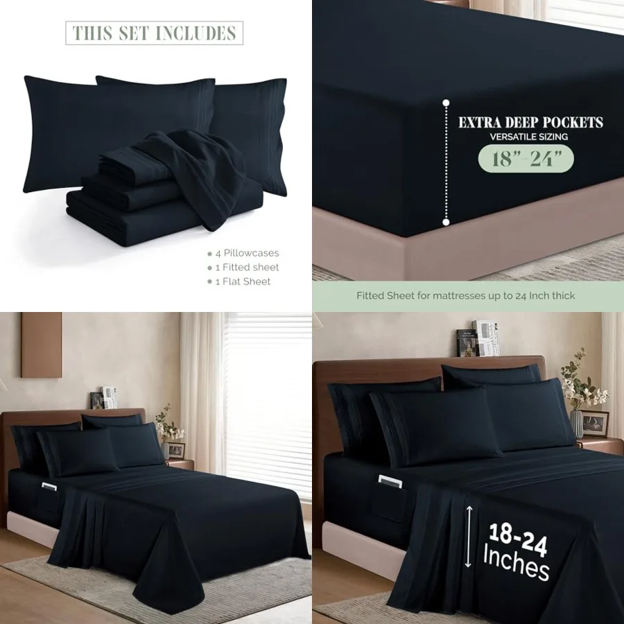 

1500 Premium Quality 6-Piece Bed Sheet Set - 18-24 Inch Extra Deep Pocket, Smart Storage Pockets, Wrinkle Free Ultra Soft 6PC E