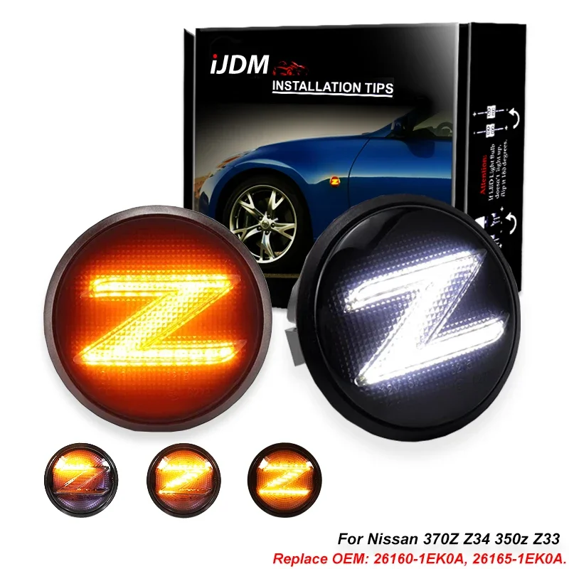 iJDM Sequential Blink LED Side Marker Lights Assembly For Nissan 370z Z34,350z Z33 Amber Turn Signals White DRL Parking Lamps