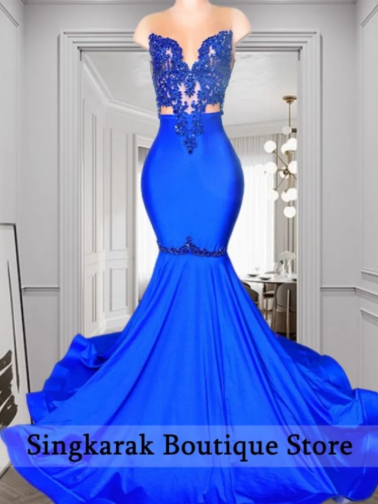 

Royal Blue Diamonds Long Mermaid Prom Dress For Black Girls Crystal Evening Party Dress Formal vestidos de gala Customized