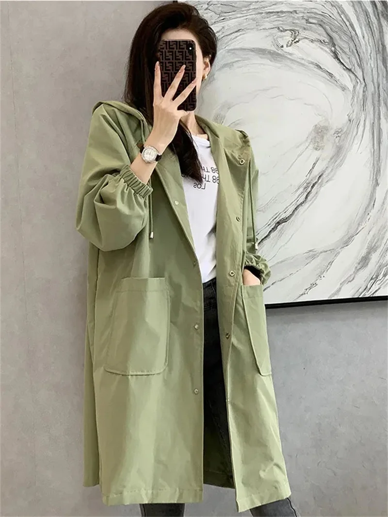 Trench coat longo feminino cor sólida elegante blusão solto confortável com capuz temperamento senhoras capa de chuva