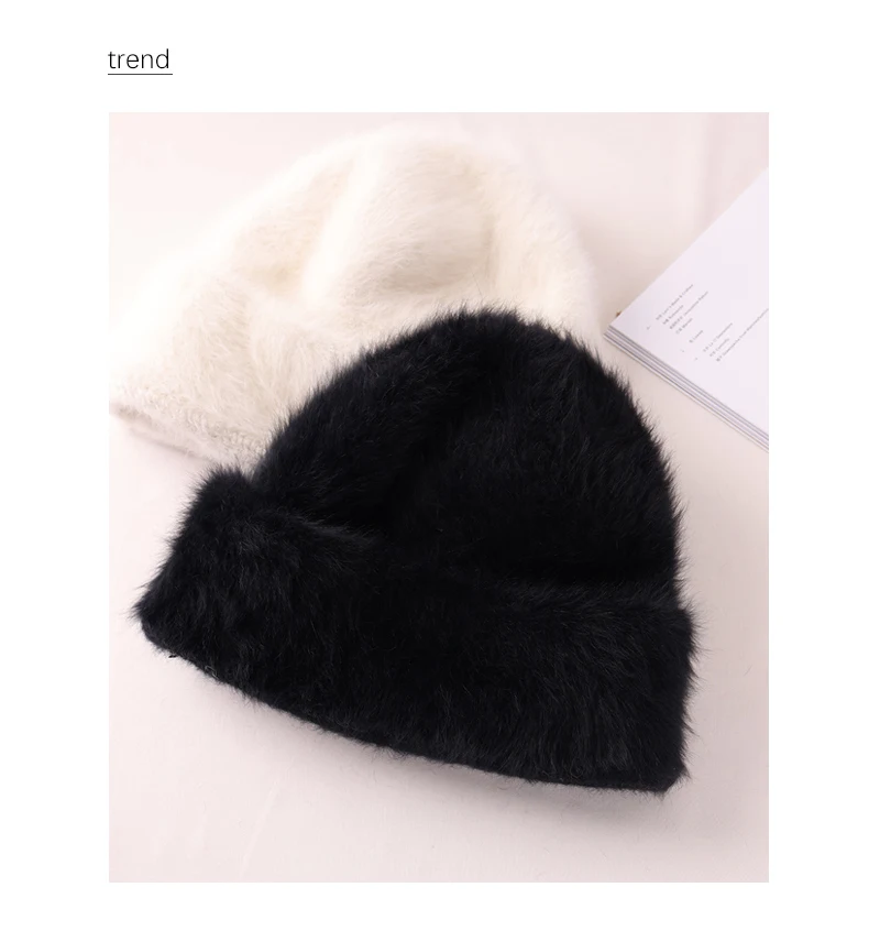 2023 Angora Flauschige Strickmütze Kaninchenfell Wintermütze für Damen Damen Mode Warmer Plüschschädel Damen Dicke Fleecemützen – Detail 24