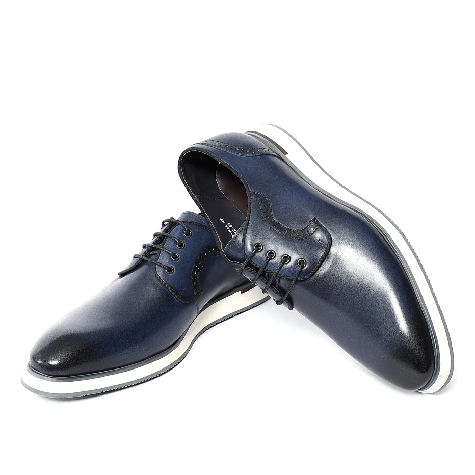 EUR Size 38 To 46 Elegant Casual Business Male Sneakers Real Cowhibe Leather Brands 2023 Autumn New Flats Derby Shoes Blue Black