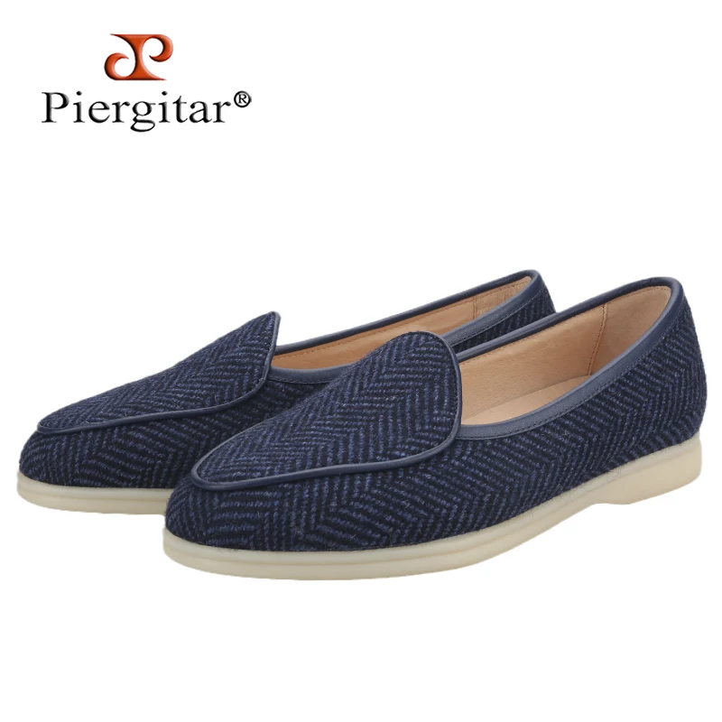 Piergitar Luxury Style Navy Blue Imported Wool Classic Herringbone Pattern Summber Walk Shoes Slip-On Model Men's Casual Shoes