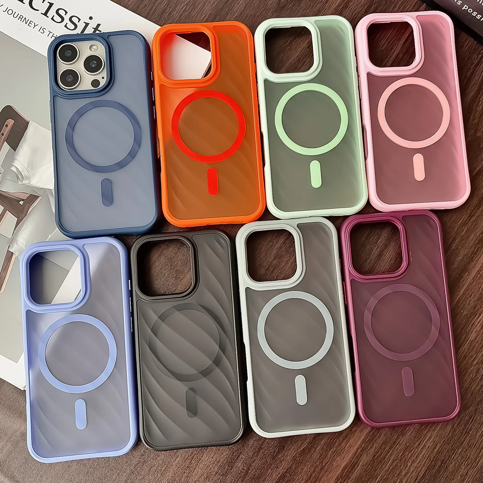For iPhone 16 Pro Max 15 Shockproof Magnetic Case Semi Clear Matte Wave Texture Anti Fingerprint Metal Buttons Wireless Charge