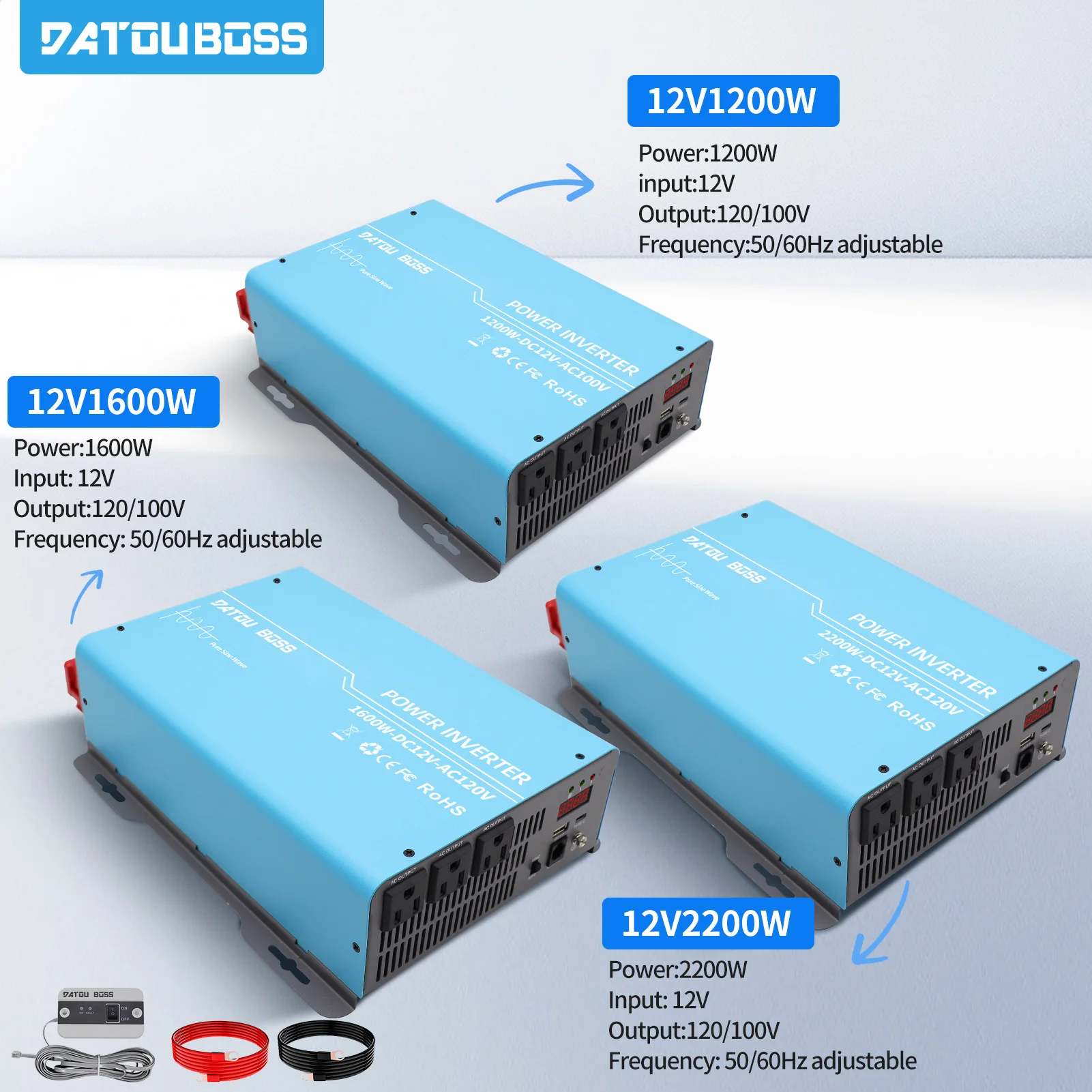 DATOUBOSS Outdoor Car Inverter 1200W 1600W 2200W Silent Design DC12V to AC110V Portable Voltage Converter 50Hz/60Hz Switchable