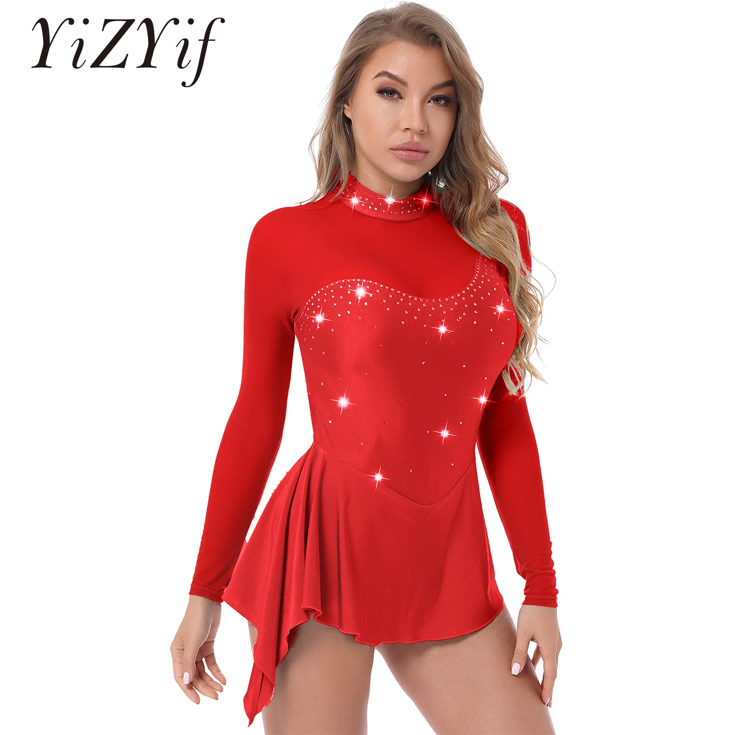 Women Figure Skating Dress Rhinestone Long Sleeve Ballet Leotard Dress Lyrical Dance Costume Ballroom Competition Dancewear