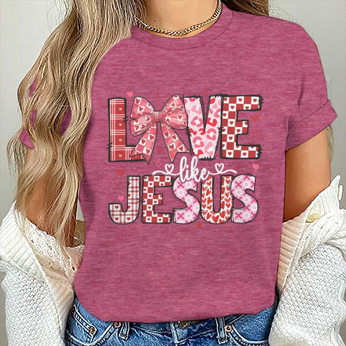Camiseta de manga corta cristiana de San Valentín, camiseta gráfica Love Like Jesus, regalo cristiano para mujer, Tops informales con lazo coqueta de San Valentín