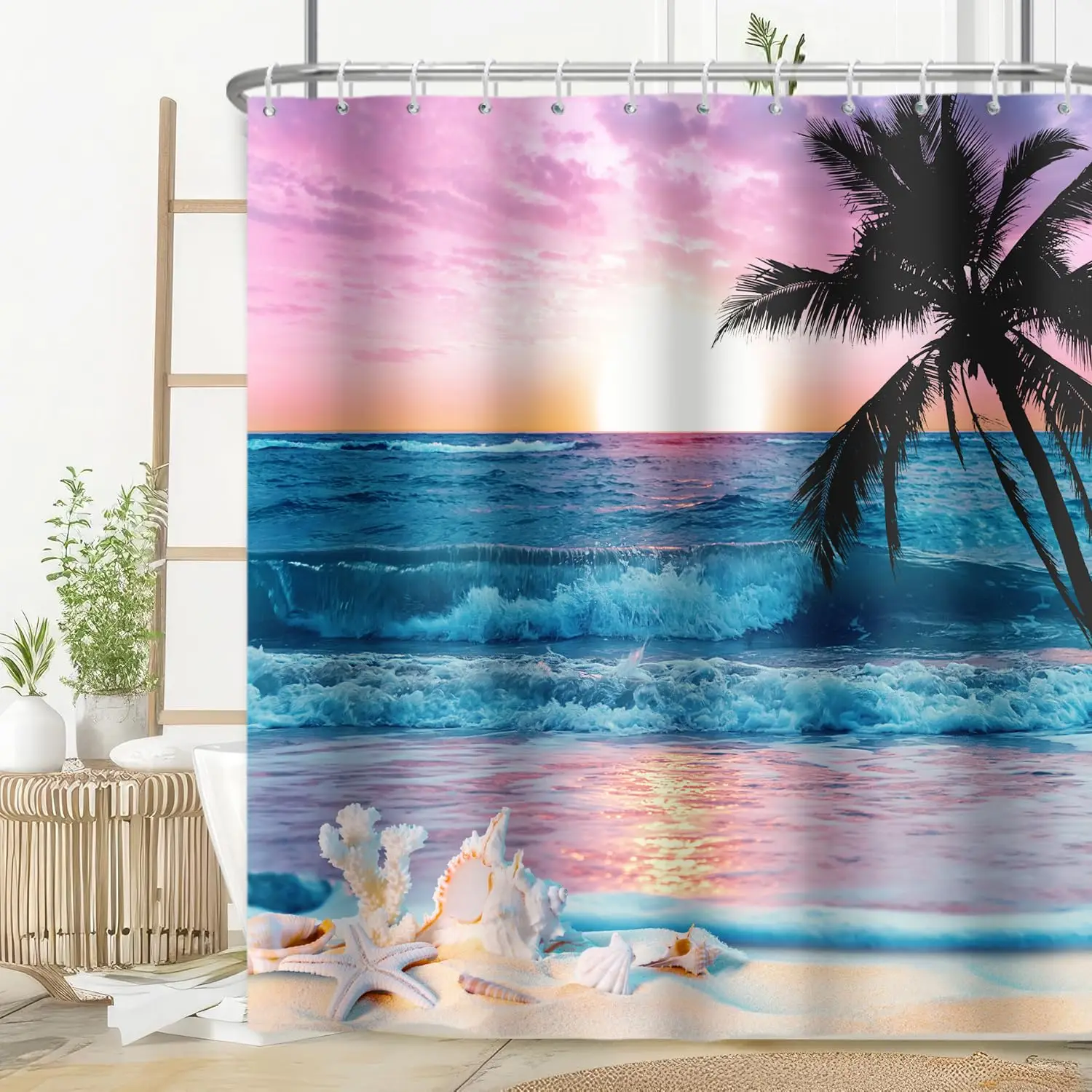 Beach Ocean Theme Shower Curtain for Bathroom Sunrise Sunset View Scene Hawaii Seashore Summer Coastal Seaside Seascape Decor