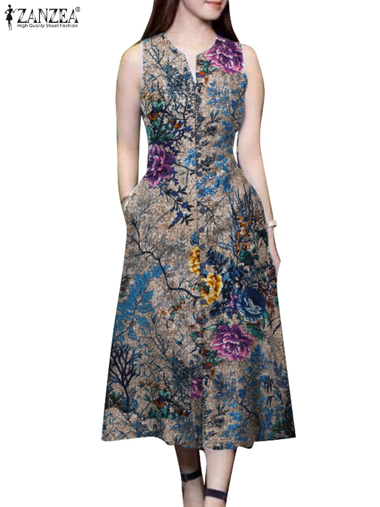 ZANZEA Summer Bohemian Holiday Dress Women Sleeveless Floral Sundress Stylish V Neck Party Vestidos Sarafans Kaftan Robe Femme