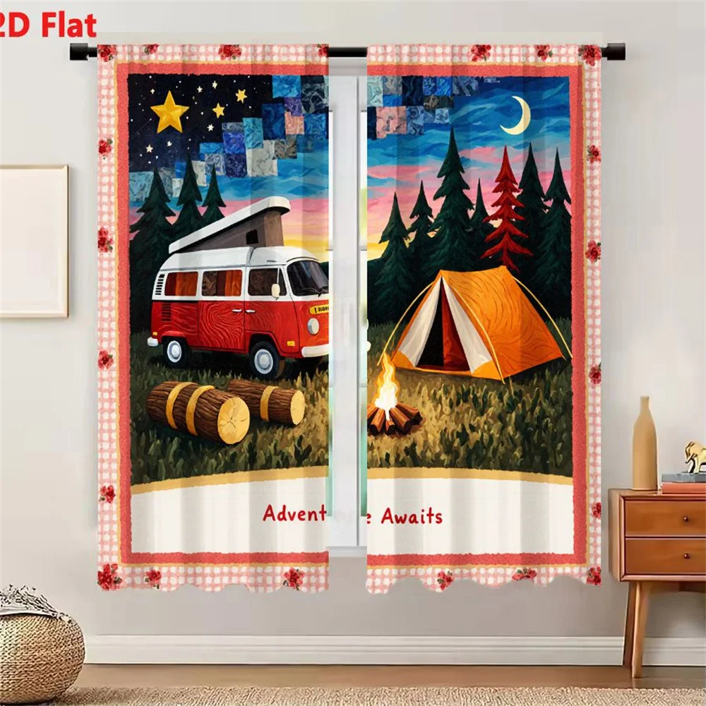 2Pcs Curtains 2D Flat Whimsical Camping Scene At Night With Vintage Camper Van Orange Tent Bonfire Starry Sky Adventure Awaits W