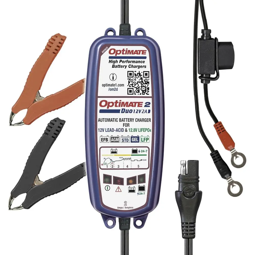 

Optimate 2 Duo, TM-551, Bronze Series: 5-Step 12V / 12.8V 2A Sealed Battery Charger & maintainer, Blue