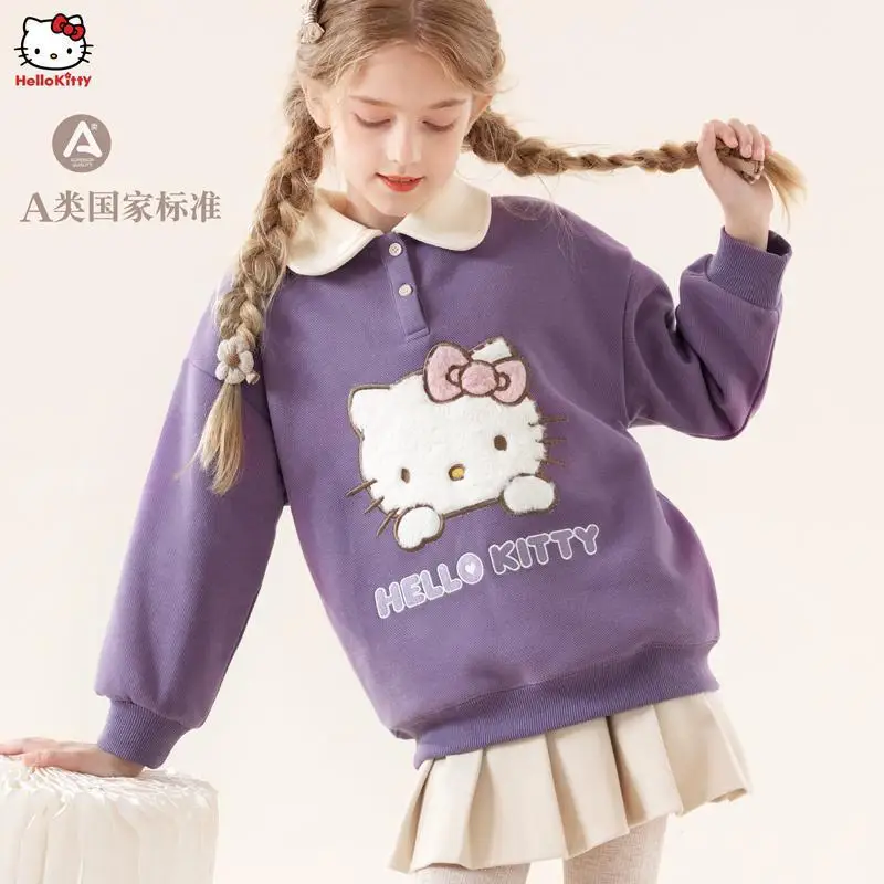 

Girl Hello Kitty Lapel Sweatshirt Kawaii New Cartoon Spring Autumn Clothing Anime Long Sleeved T Shirt Sanrio Loose Casual Sweet