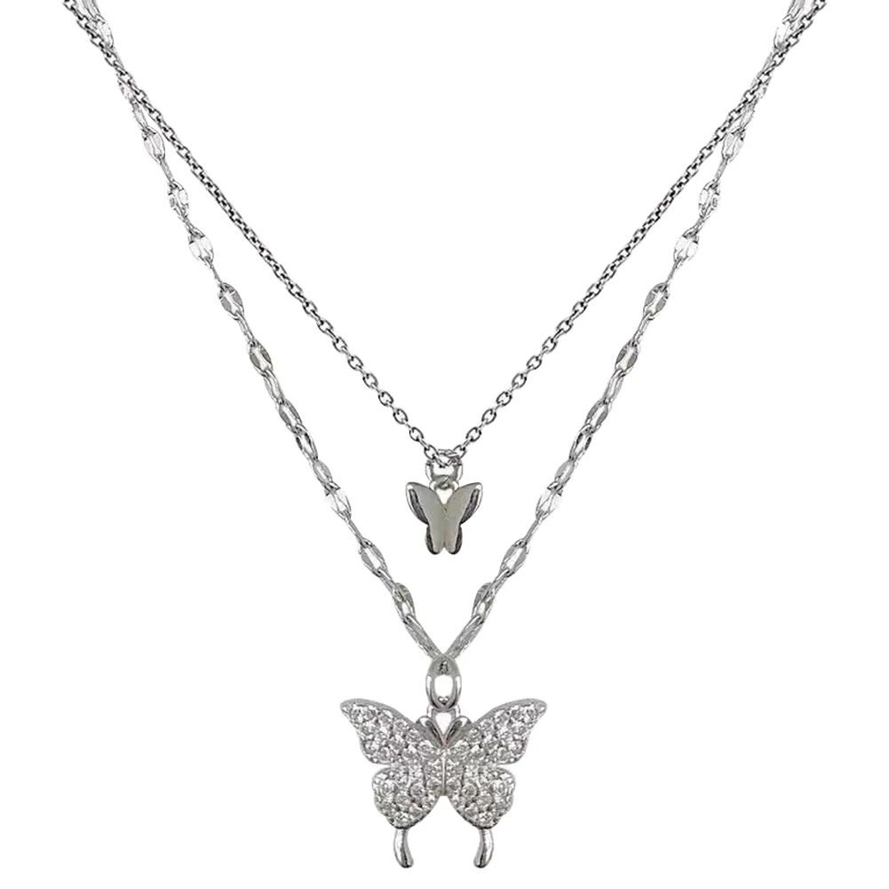 Flash Diamond Butterfly Double Layer Necklace Female Ins Clavicle Chain Simple and Gentle Net Red Niche Sweater Chain