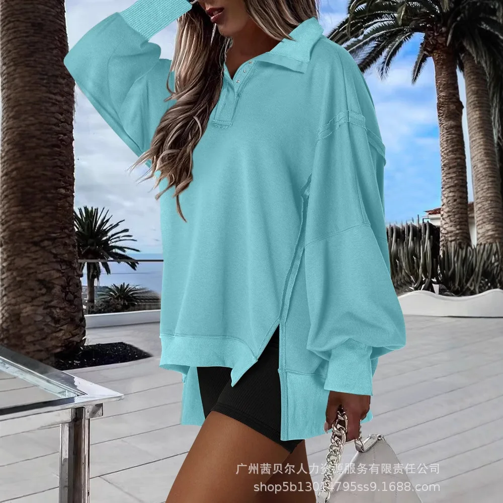 Women Polo Collar Long Sleeve Sweatshirt Loose Fit Side Slit Dip Hem Casual Top