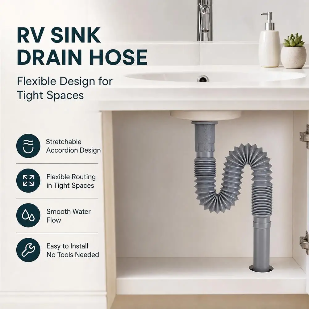 RV Flexible Drain Hose Expandable Sewer Hose ABS Waste Water Pipe Sink Drain Pipe for Camper RV Mobile Home Kitchen