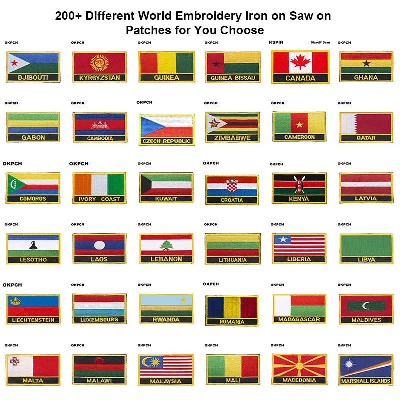 200+ بقع علم مختلفة مستطيلة وشكل درع حديد على بقع التطريز المنشار على تطبيقات رقعة النقل