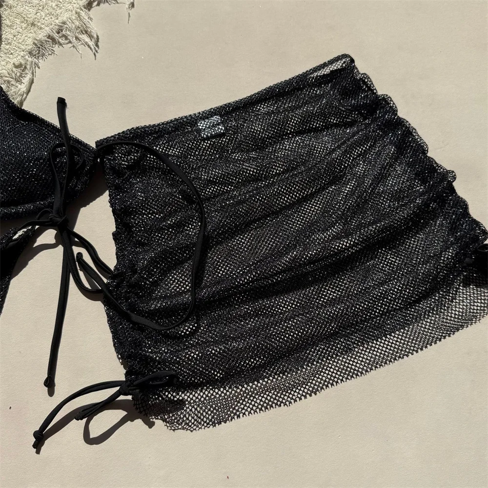 Microbikini con cordón brillante para mujer, traje de baño Sexy con espalda descubierta, traje de baño de malla para cubrir, traje de baño para vacaciones, Bikinis negros de 3 piezas
