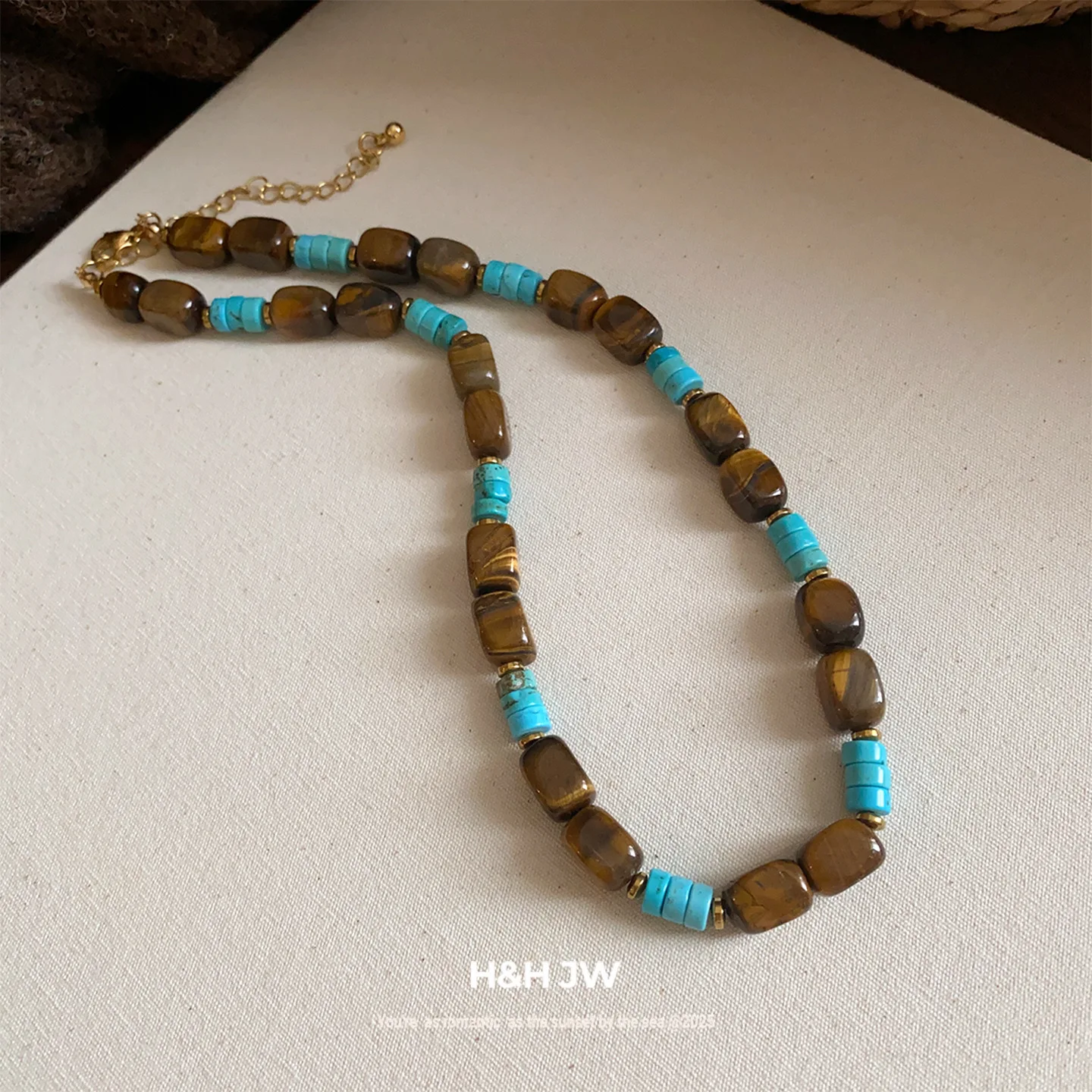 Vintage Tiger Eye Stone & Turquoise Contrast Color Beaded Necklace, Women Ethnic Design Choker, Versatile Neck Jewelry Gift