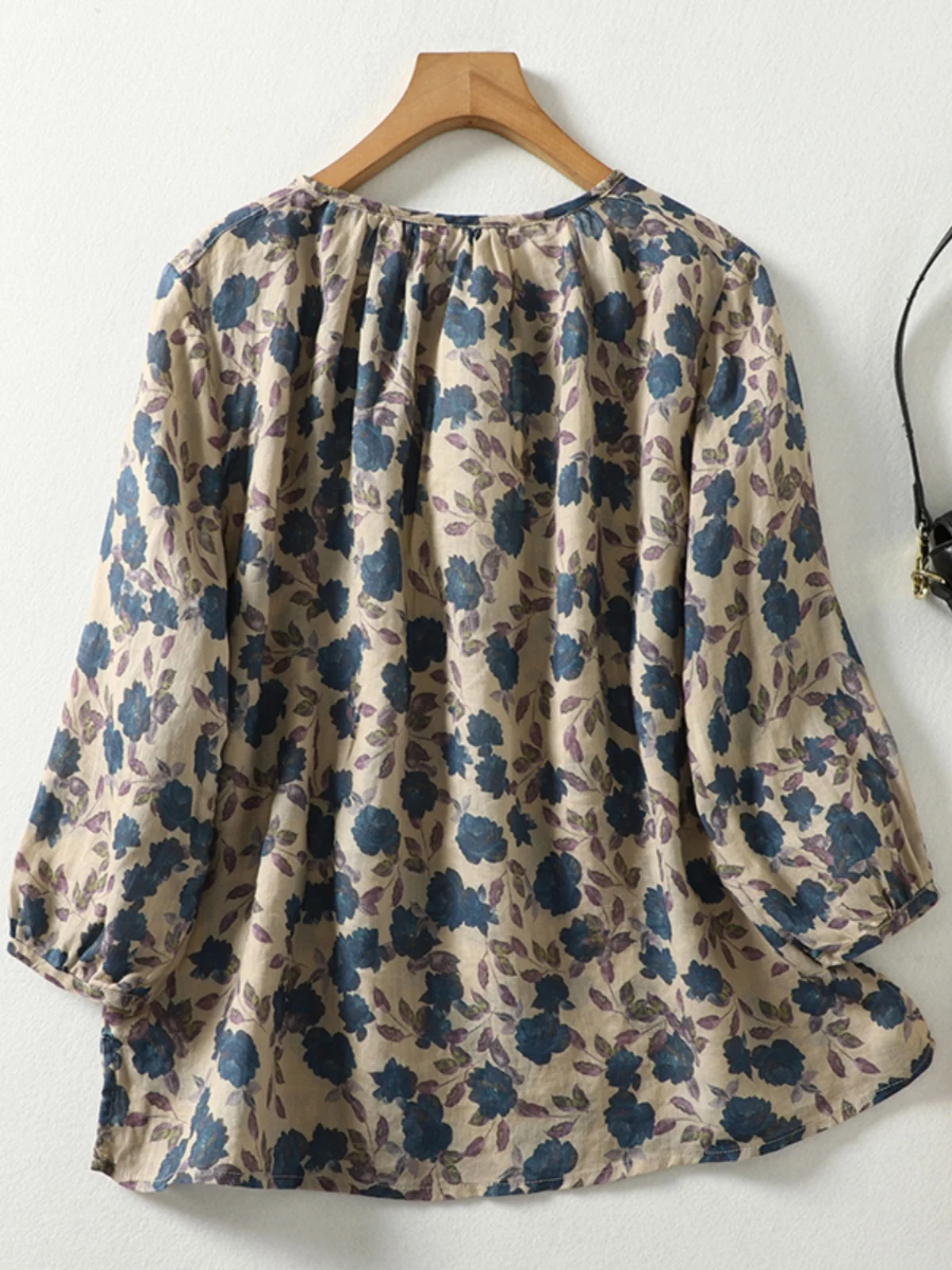 Retro Style Print Half Sleeve Baby Doll Shirt Women's Loose Slimming Overhead Shirt Commute Style round Neck Lantern Sleeve