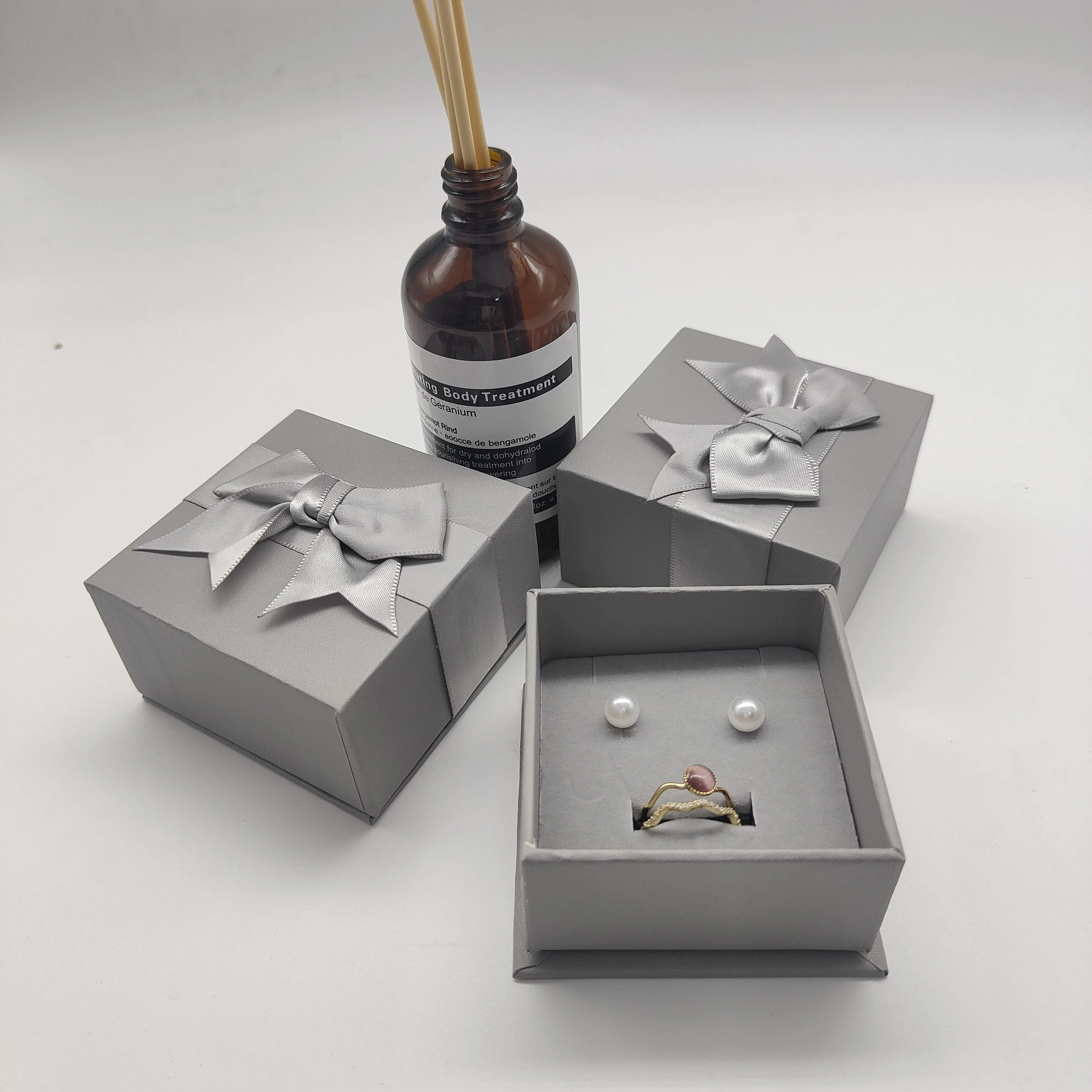 12 Packs Grey Lid And Base Paper Box Jewelry Packaging With Ribbon Bow For Ring Earrings