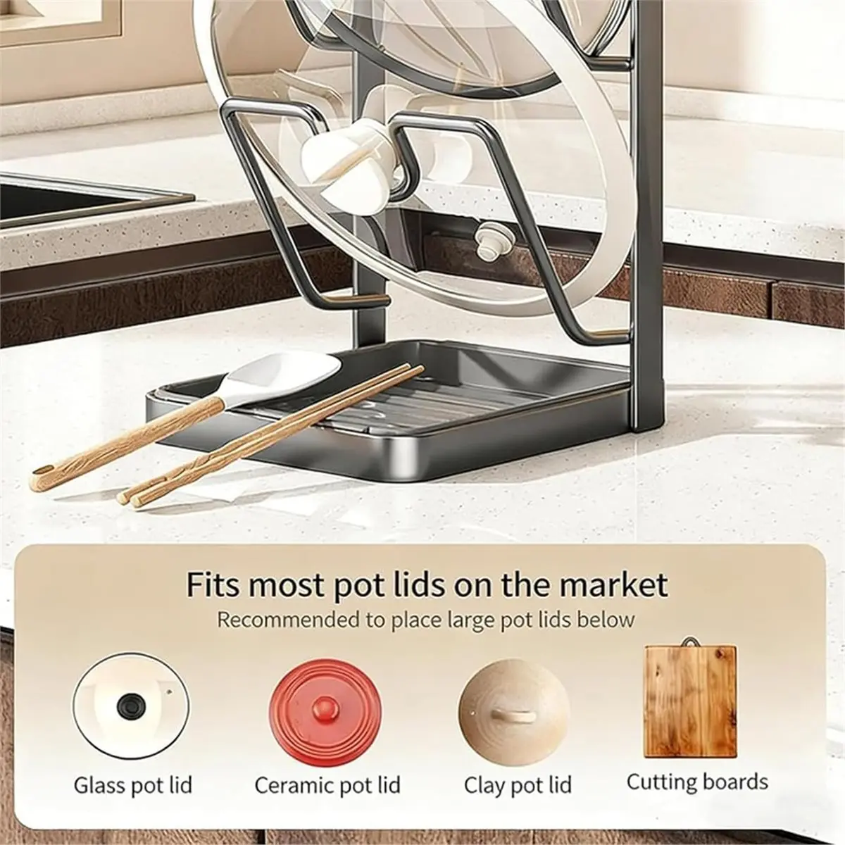 

Kitchen Pot Lid Storage Rack, Multifunctional Pot and Pan Organizer with Drain Tray, Countertop Lid and Spoon Holder