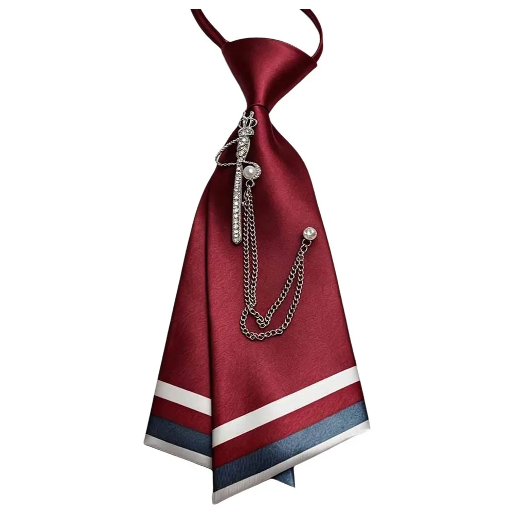 Smooth Satin Material Beaded Floral Tie No-Sew Design Pearl Chain Decoration Double-Layer Necktie Striped Decorative Handmade