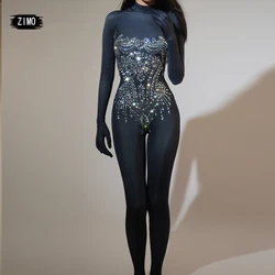 Sexy black Rhinestones Jumpsuit and gloves long sleeve women party birthday nightclub DS Party Singer Stage pole dance clothing