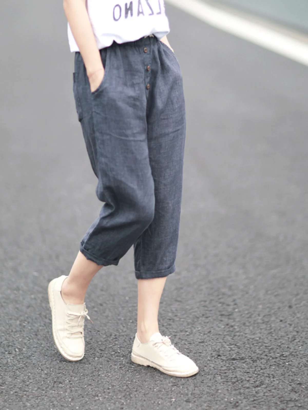 

Летние тонкие хлопковые льняные брюки женские с высокой талией, фасон «морковки», укороченные (7/8), новинка 2024, повседневные брюки с высокой талией