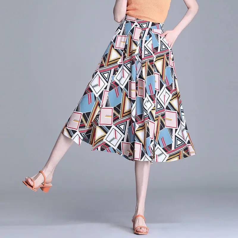 2023 New Summer Casual Printing Chiffon Elastic Waist Wide Leg Women Clothes Elegant Geometric Loose High Waist Pants