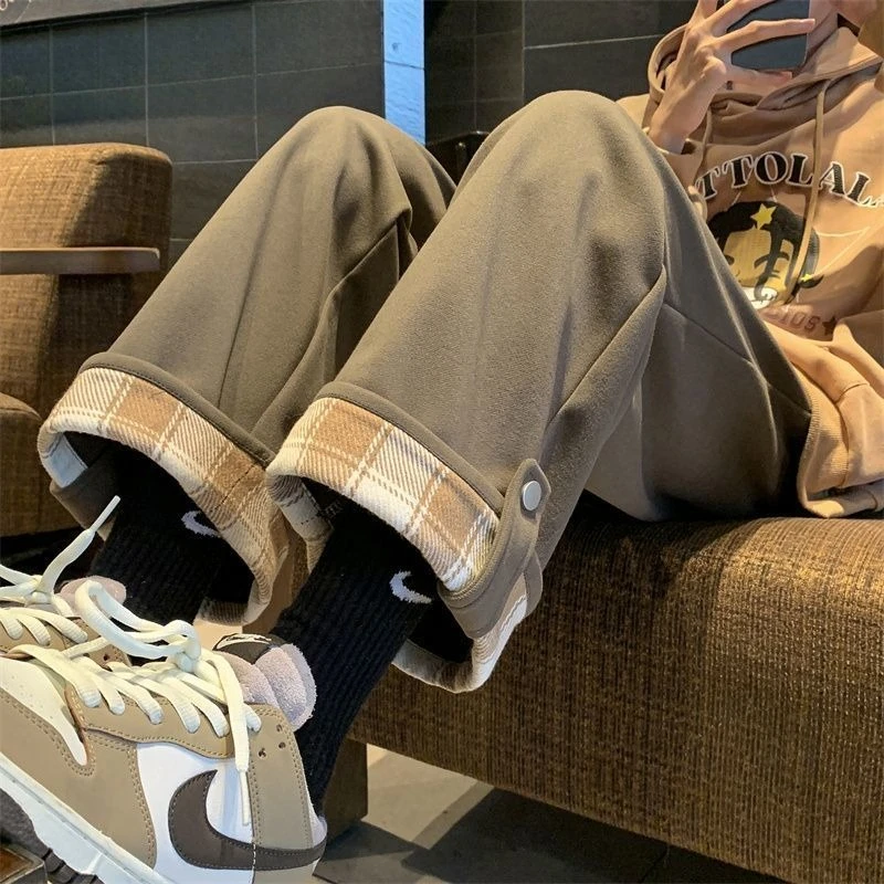 

Мужские спортивные брюки с широкими штанинами на флисовой подкладке и очень толстые брюки в клетку в американском стиле, новые спортивные штаны с распродажей для мужчин