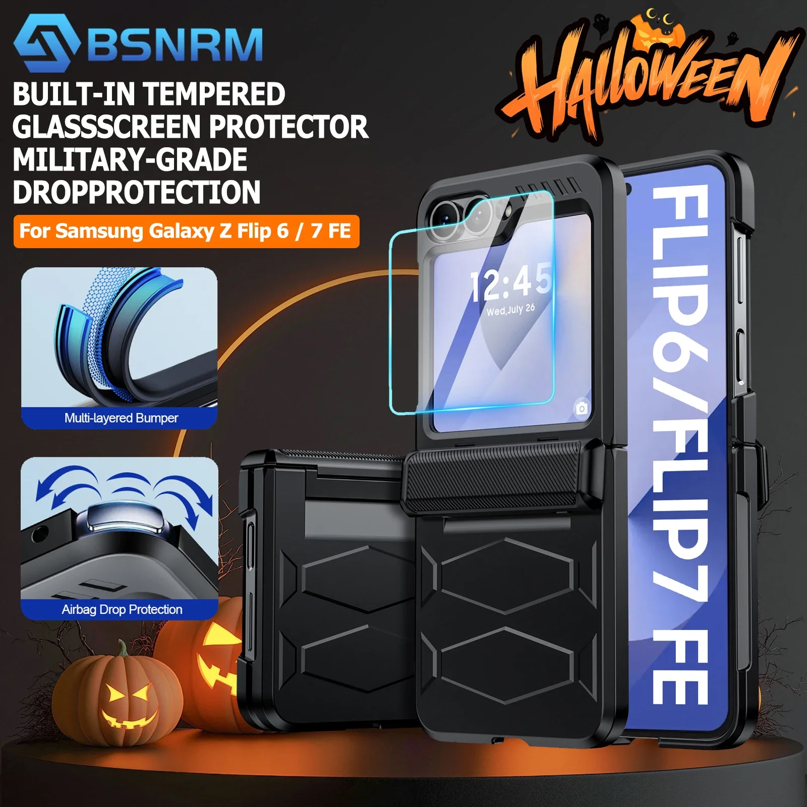 

Подарки на Хэллоуин для Galaxy Flip 6/7 FE, противоударный чехол, нескользящая текстура, закаленная защита шарниров, чехол для беспроводной зарядки - черный