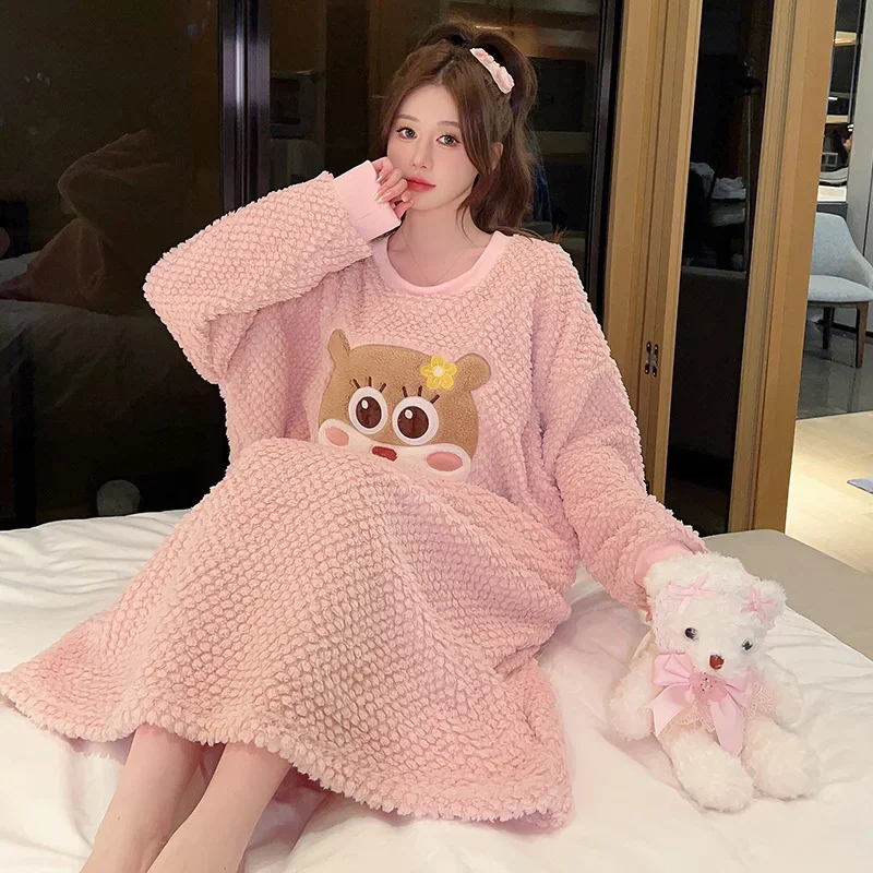 150kg 5XL Thicken Coral Fleece Nightgown Women Large Size Pajamas Autumn Winter Thickened Home Dress Sweet Cartoon Loungewear