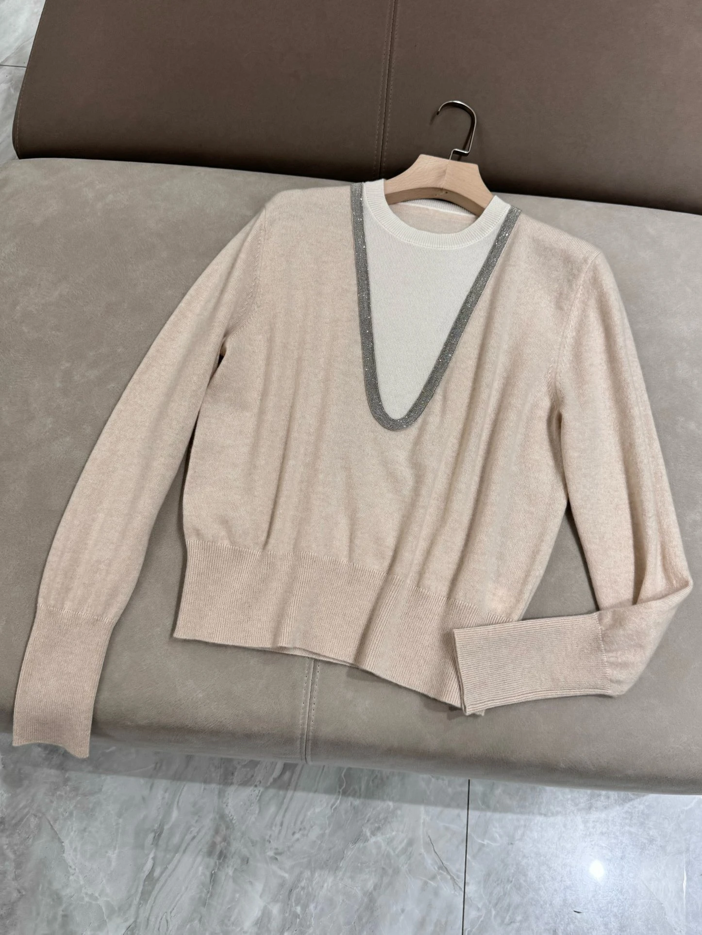 Sweater Pullover rajut wanita, atasan lengan panjang manik-manik kasmir