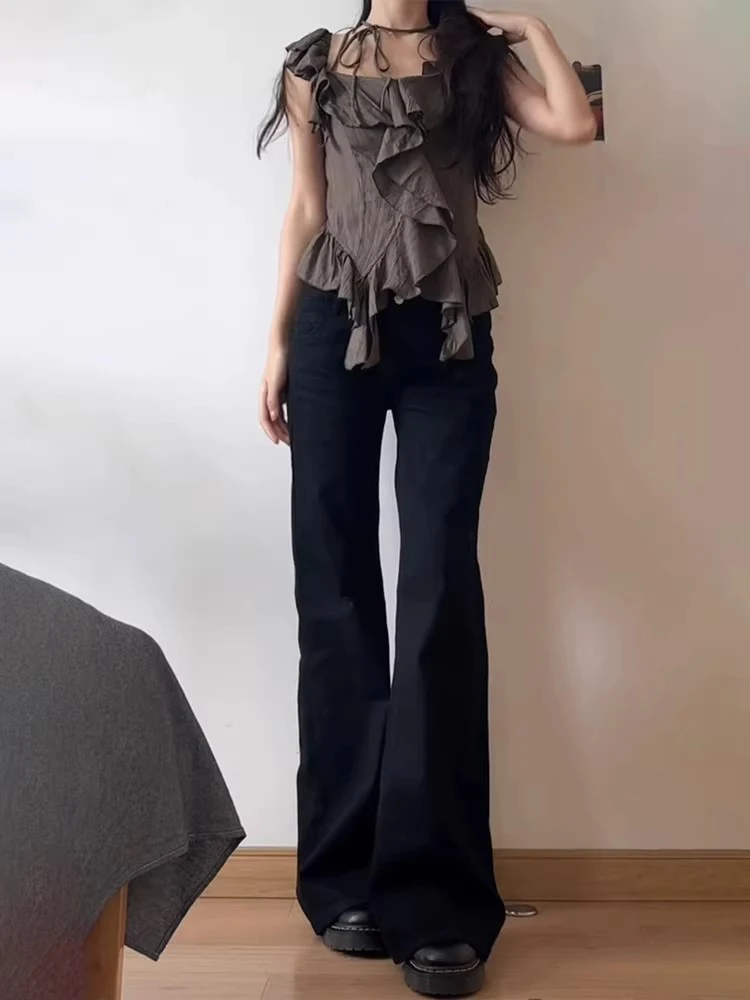 Celana Jeans Wanita Model Retro Amerika, Potongan Lebar, Micro Flared, Longgar, Meniruskan, Ukuran Kecil, Panjang Menyentuh Lantai