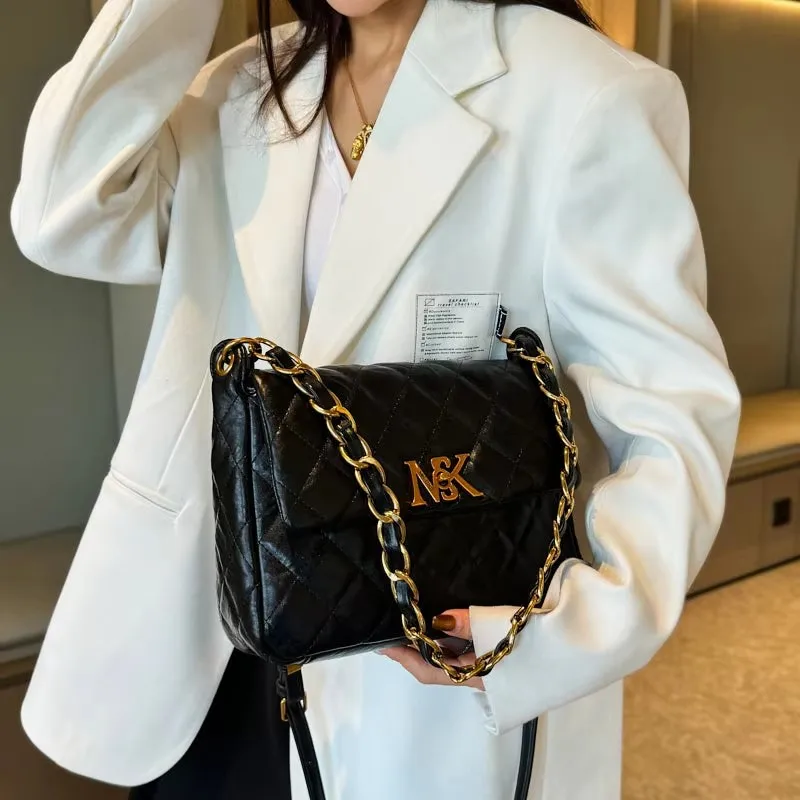 Trendy Textured Leather Shopper Bag - Designer Square Tote With Vintage Letter Logo & Spacious Interior Compartments