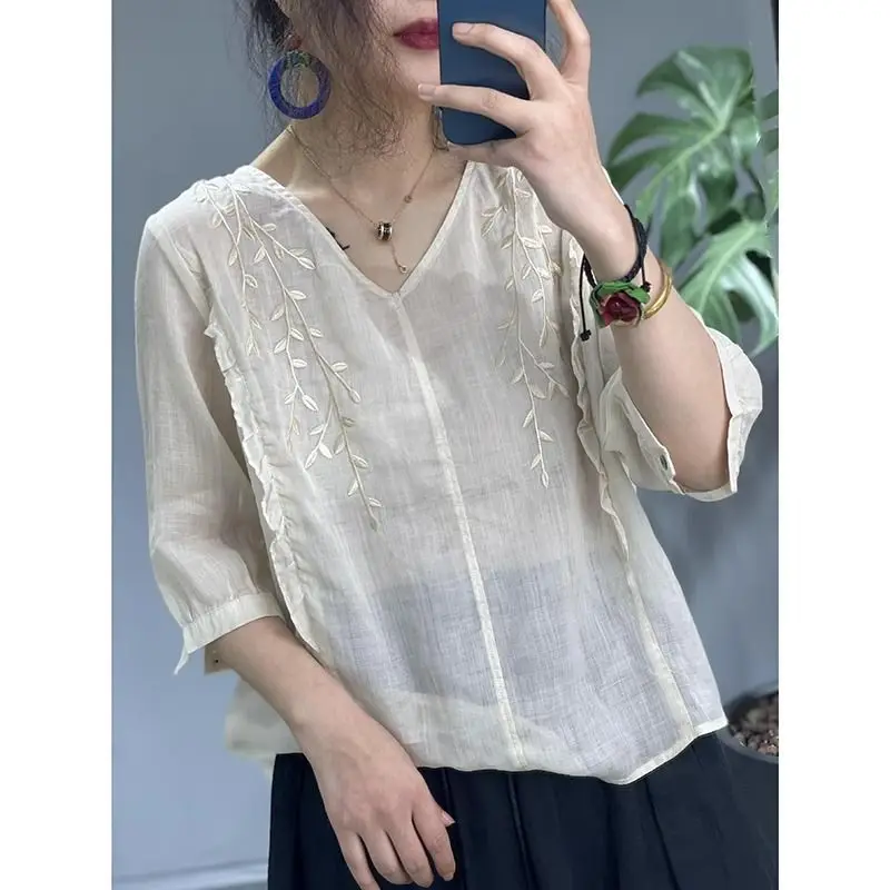 V-Neck Summer New Minimalist Harajuku Classic Embroidery Loose Top Solid Color Cotton Linen Thin Casual Short Sleeve Slim Tees