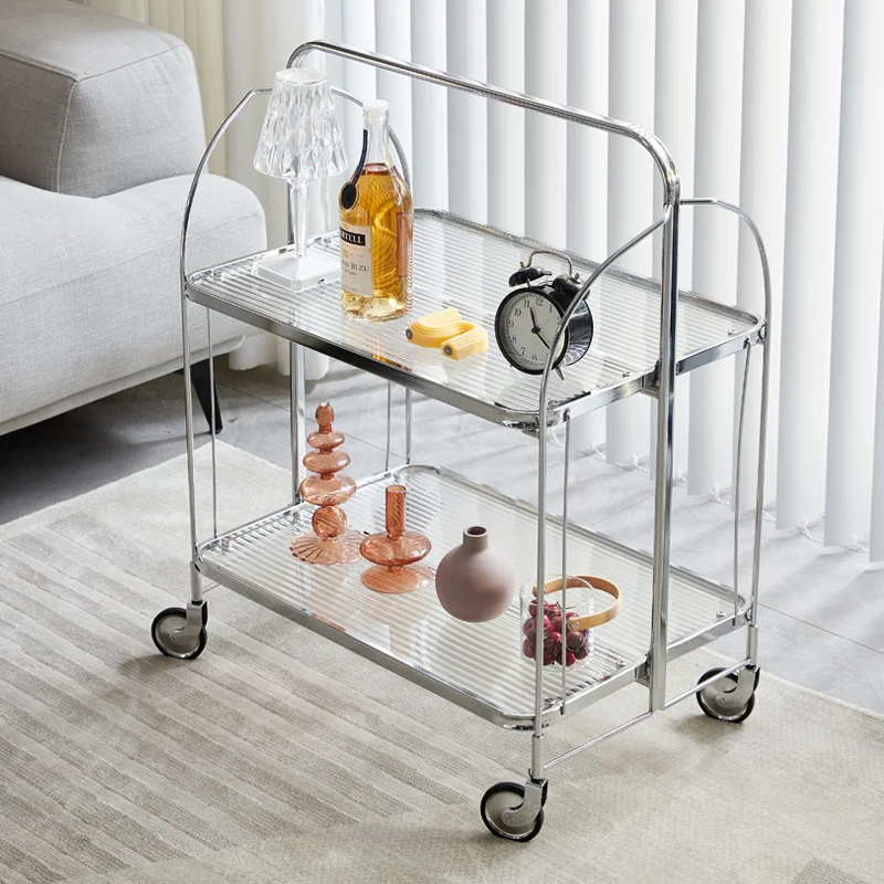 

Transparent Glass Dining Car Trolley Home Kitchen Bar Wheel Table Foldable Side Table Living Room Bedroom Mobile Shelf Furniture